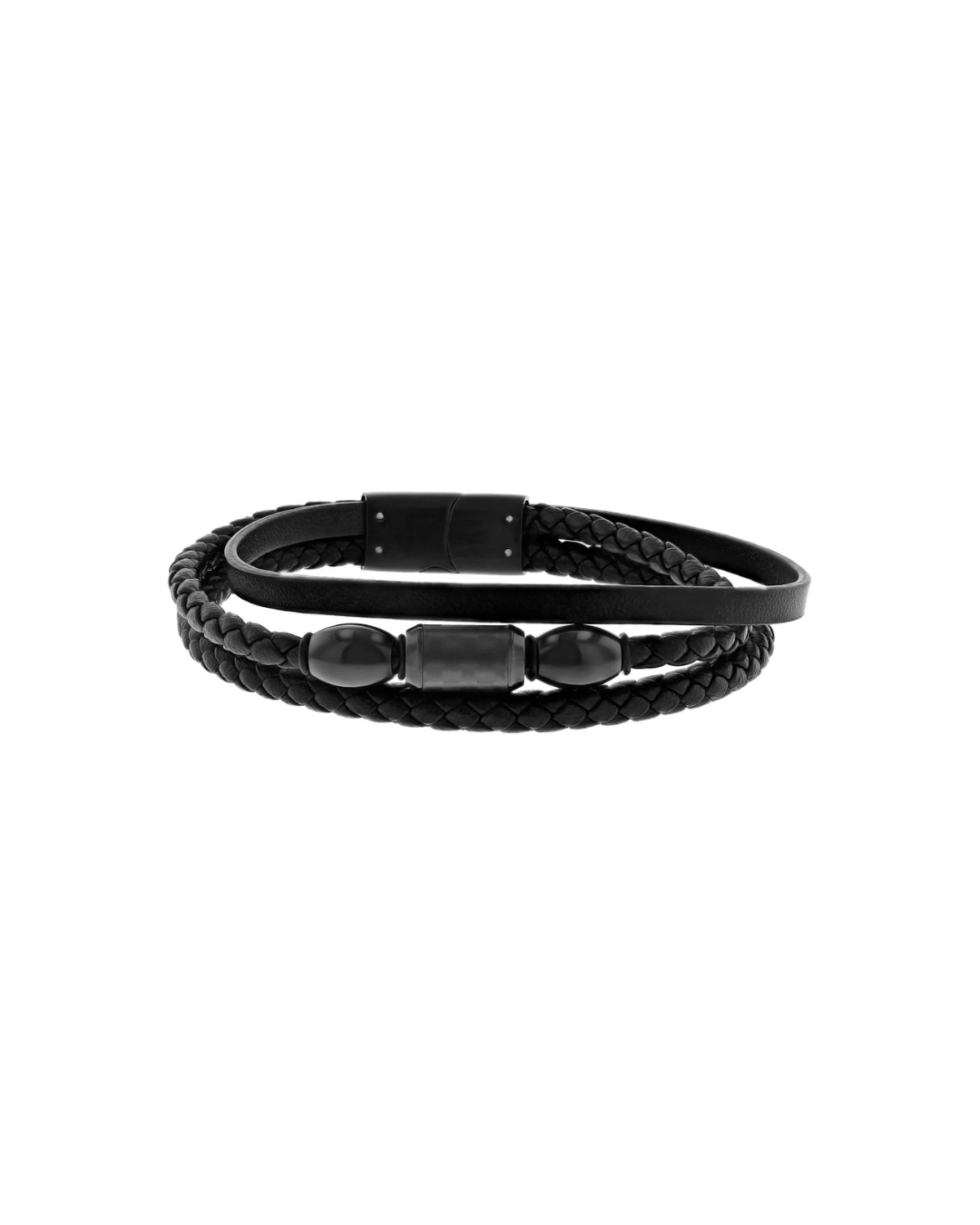 Men’S Black Stainless Steel & Faux Leather Three Strand Bracelet - Tate Whalun