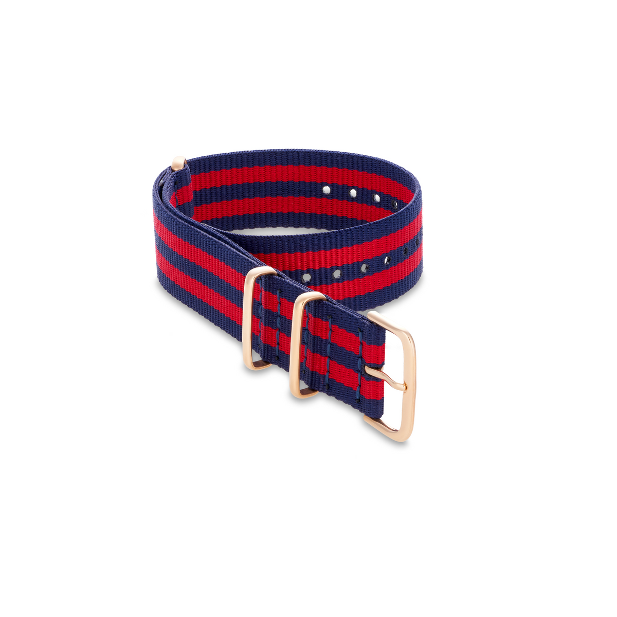 5 Stripe Navy Blue And Red Nato Strap with Rose Gold Buckle - Tate Whalun