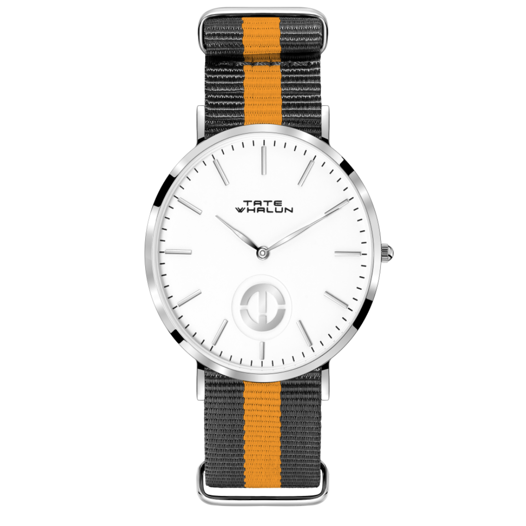 Berkshire Silver | 3 Striped Grey and Orange Nato Strap - Tate Whalun