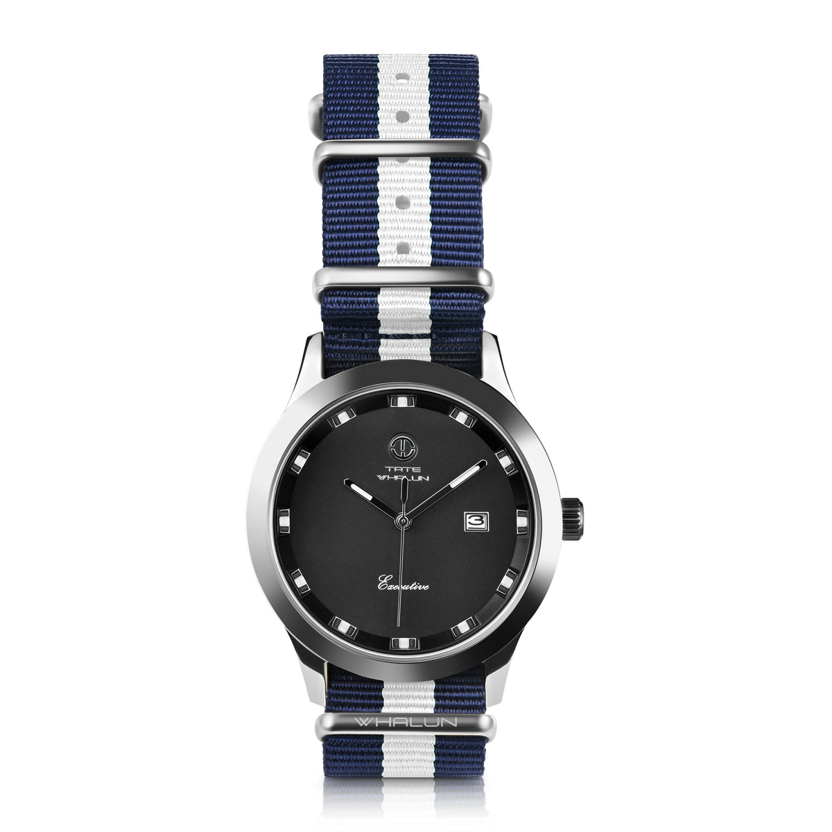 3 Stripe Navy Blue And White Nato Strap With Silver Buckle - Tate Whalun