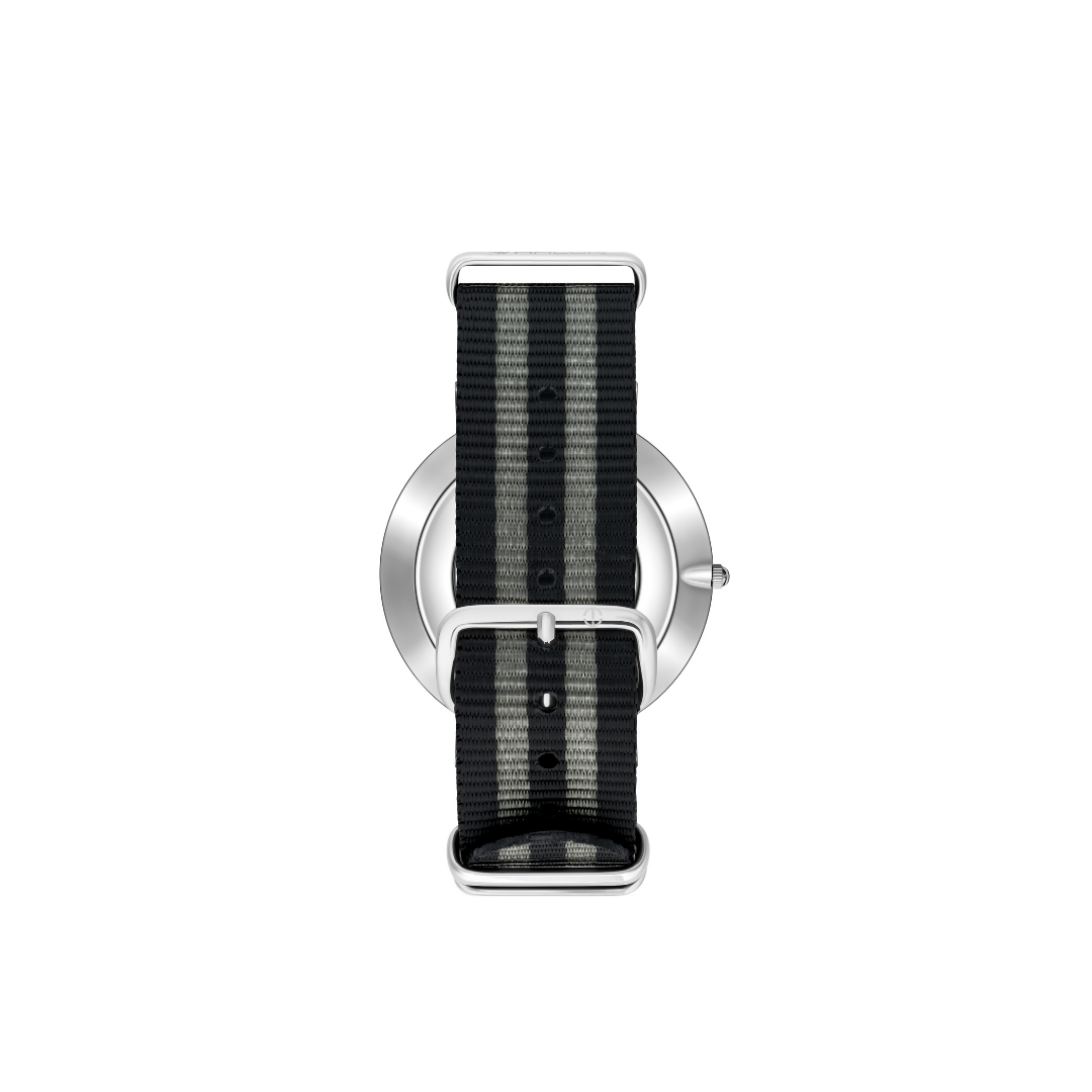 Berkshire Silver | 5 Striped Black and Grey Nato Strap - Tate Whalun