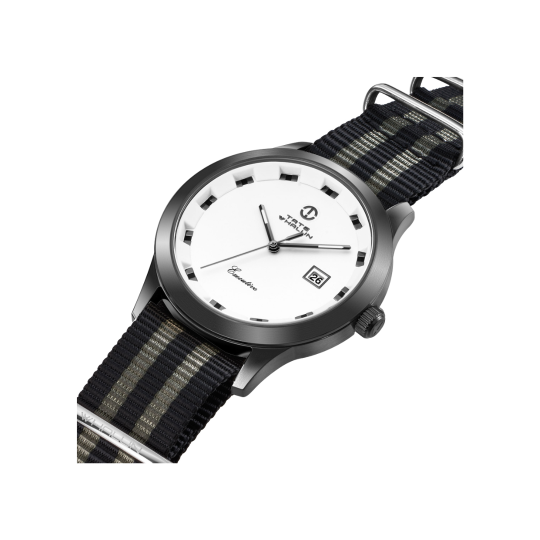 Hilmar - Black and Grey Striped Nato Strap - Tate Whalun