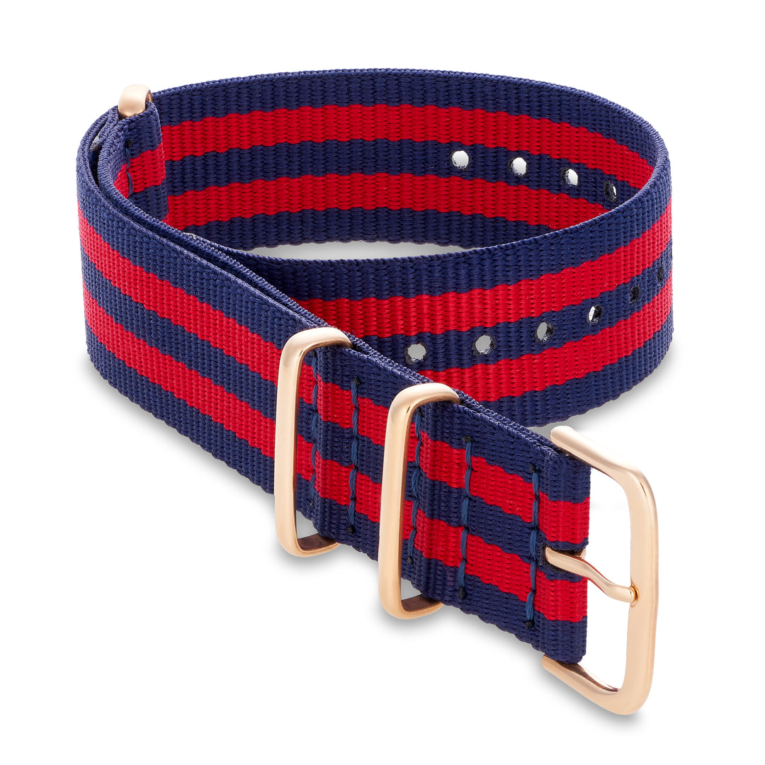 5 Stripe Navy Blue And Red Nato Strap with Rose Gold Buckle - Tate Whalun