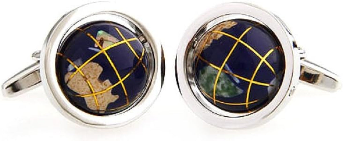 Spinning Globe Cufflinks Set with Gift Box & Polishing Cloth - Perfect for Travelers and Adventurers