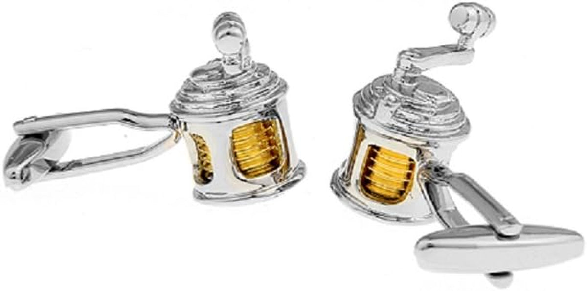 Fishing Reel and Rod Cufflinks Set in Elegant Gift Box with Polishing Cloth