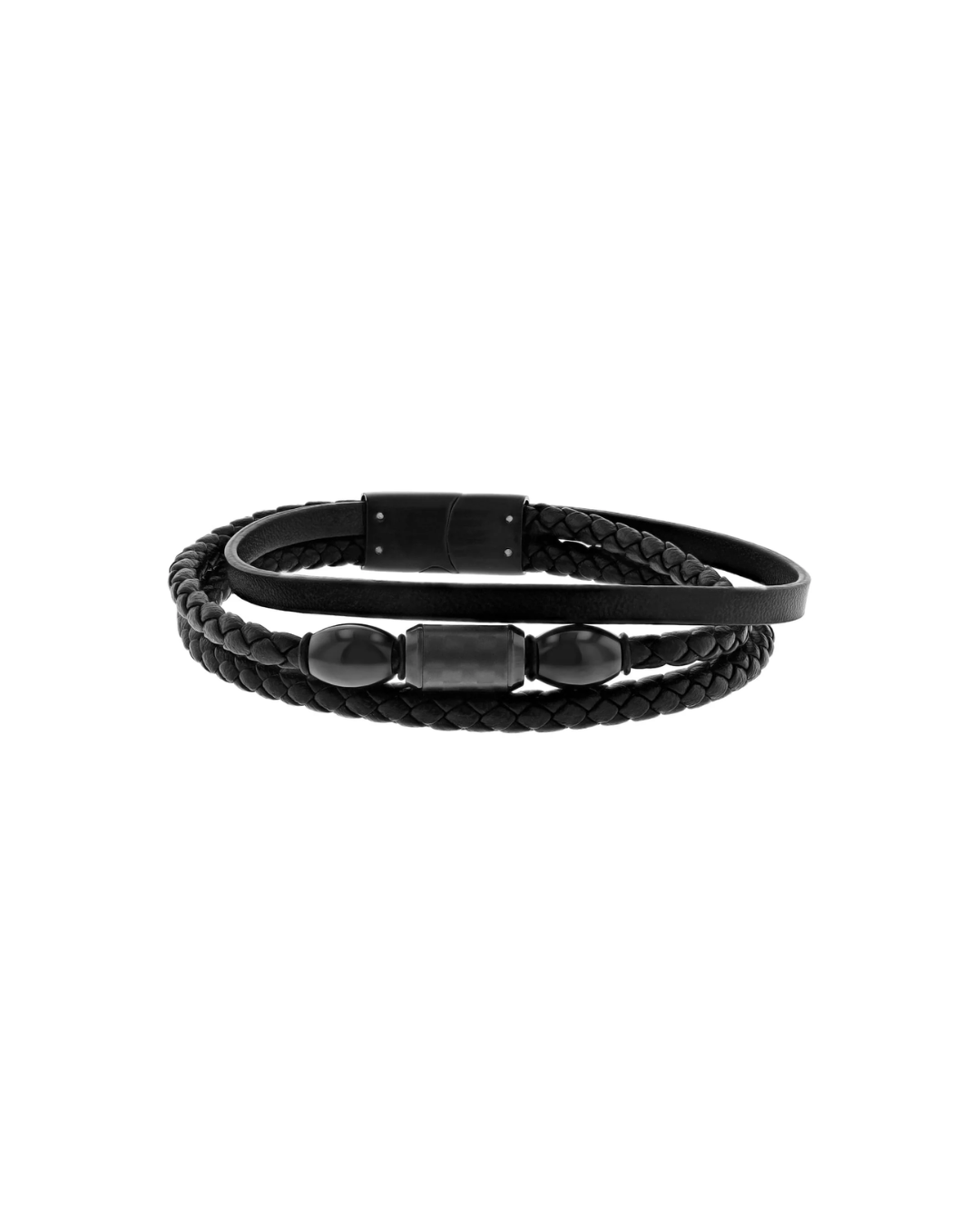 Men’S Black Stainless Steel & Faux Leather Three Strand Bracelet