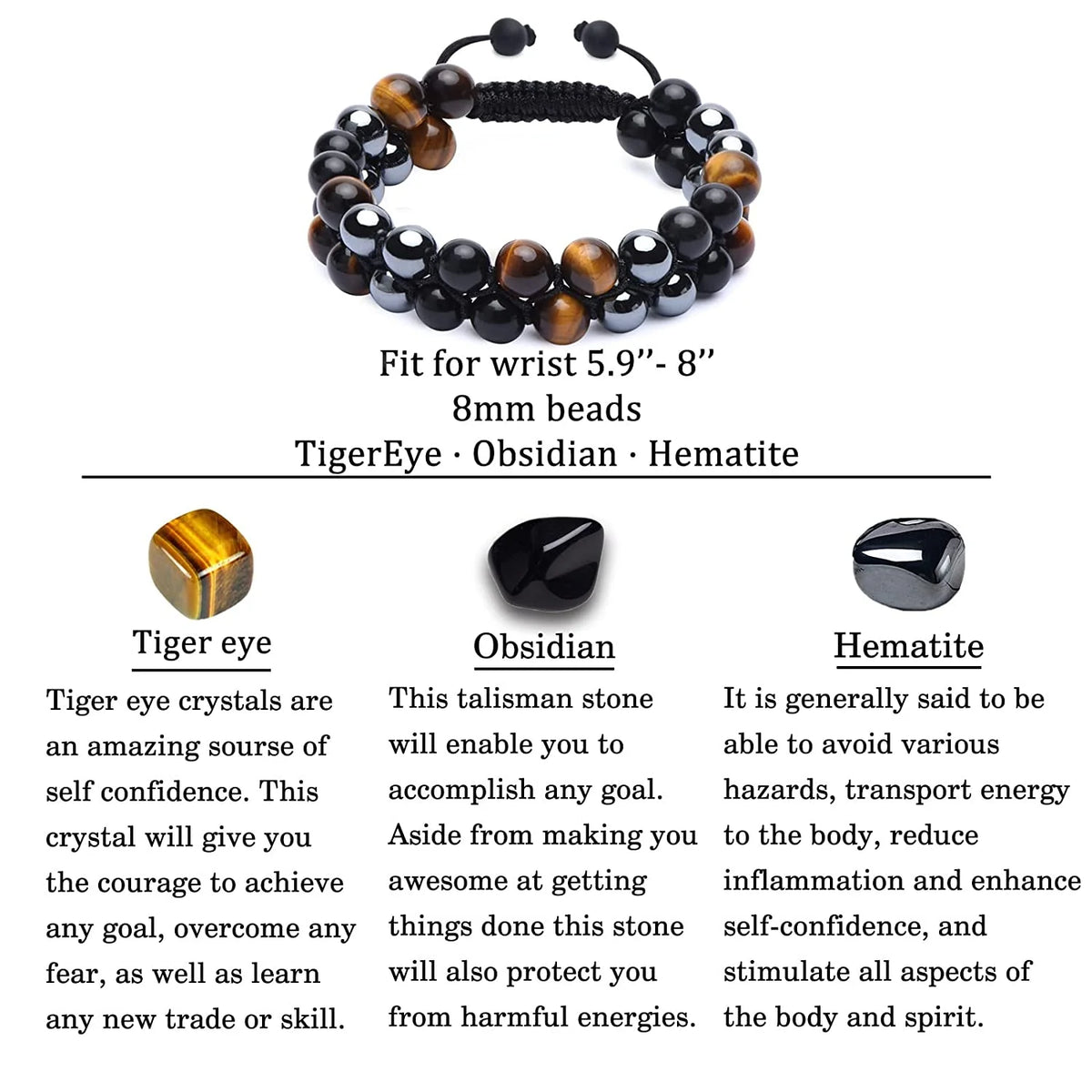 8mm Unisex Tiger Eye Black Obsidian Hematite  Stone Bead Bracelet