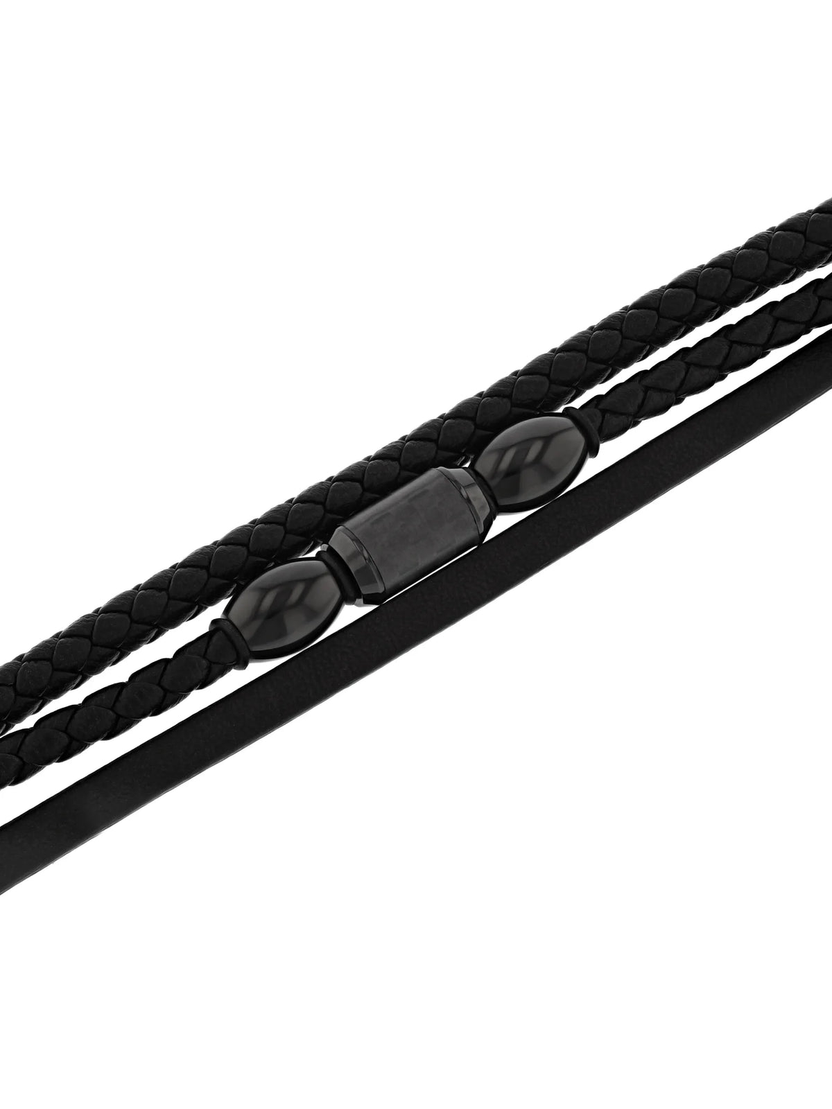 Men’S Black Stainless Steel & Faux Leather Three Strand Bracelet