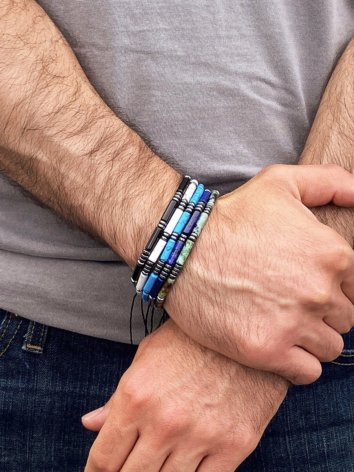  Men'S Lapis Lazuli Stone and Hematite Beaded Adjustable Shocker Tie Bracelet