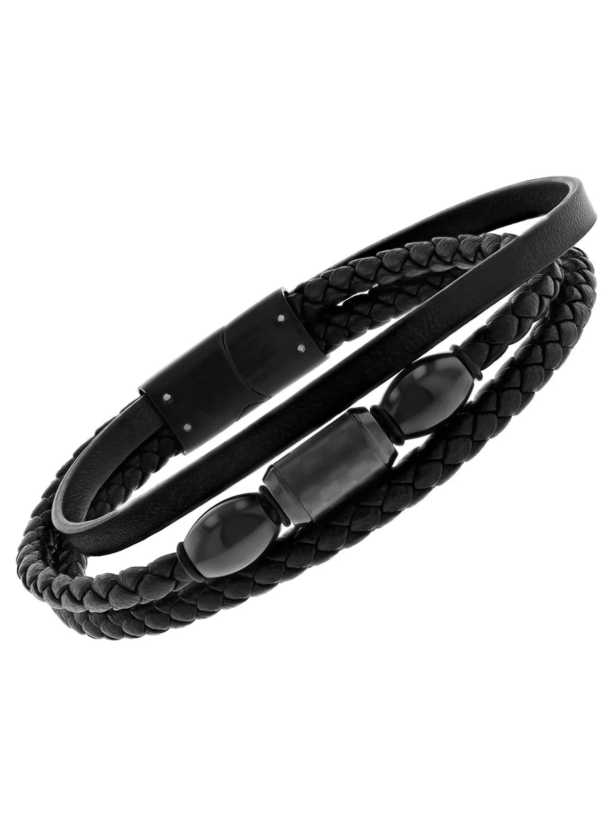 Men’S Black Stainless Steel & Faux Leather Three Strand Bracelet