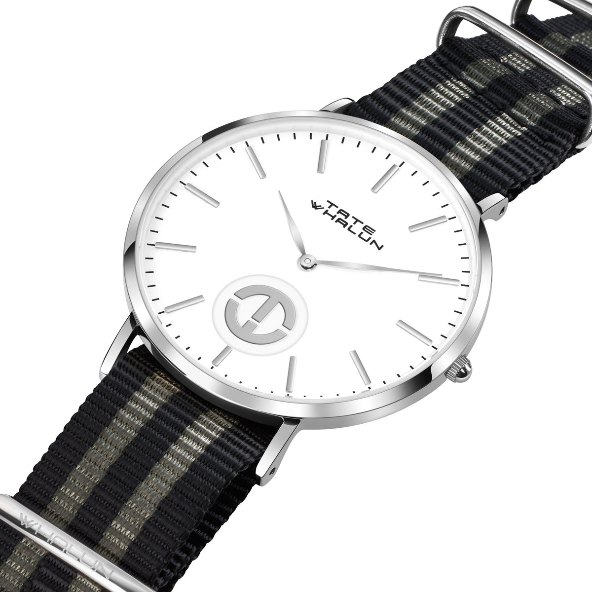 Berkshire Silver | 5 Striped Black and Grey Nato Strap - Tate Whalun