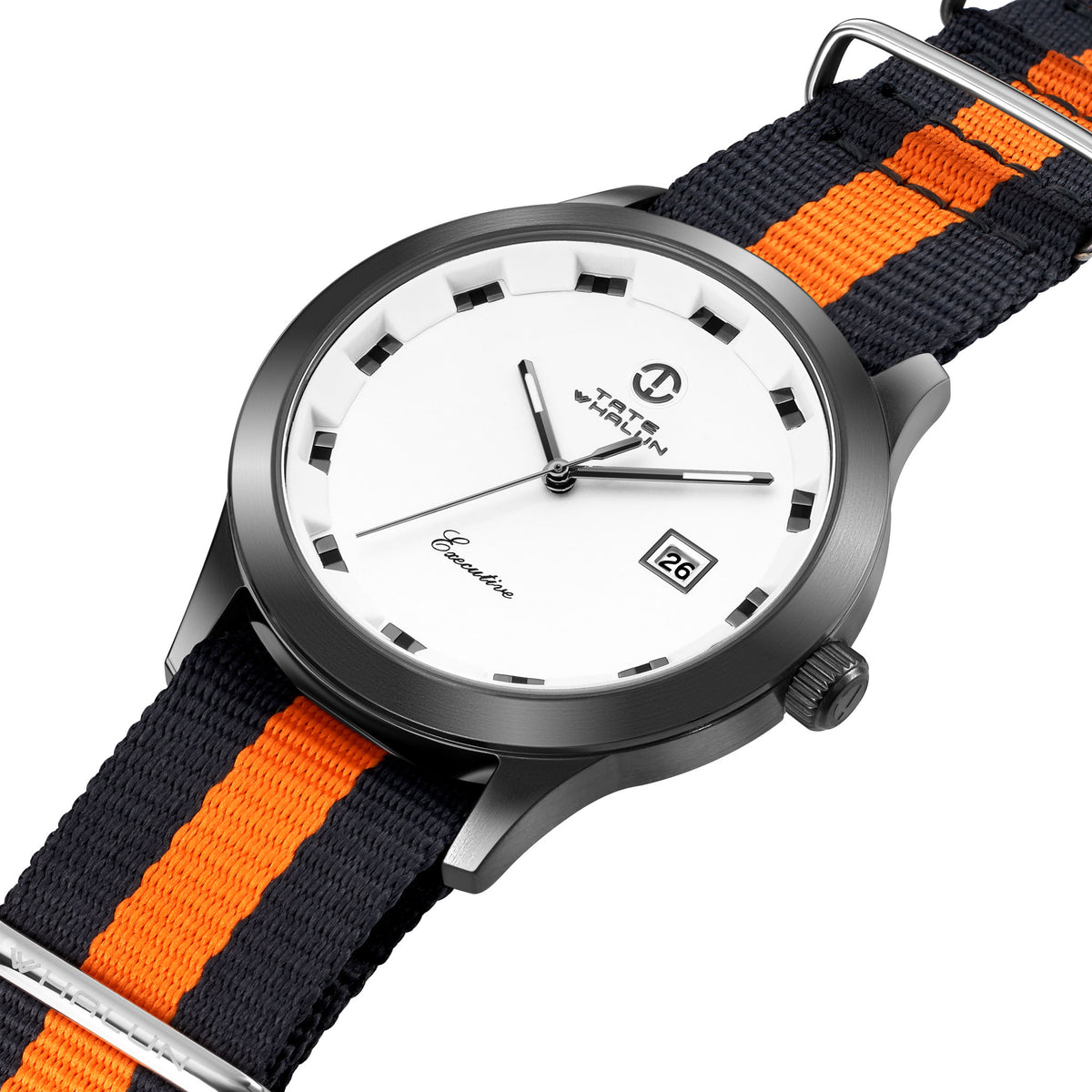 Hilmar | 3 Striped Grey and Orange Nato Strap - Tate Whalun