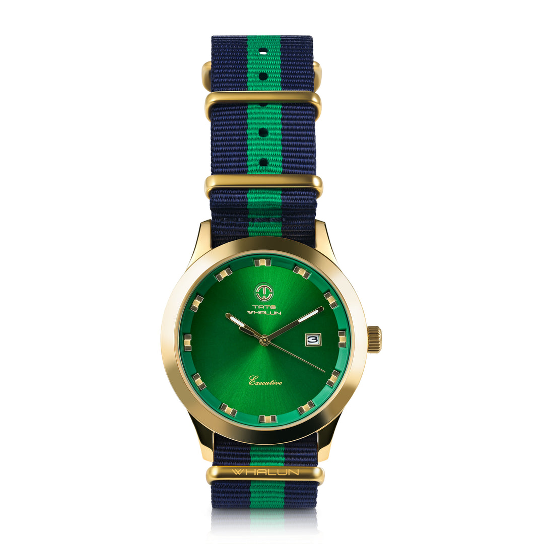 3 Stripe Navy Blue And Green Nato Strap With Gold Buckle - Tate Whalun