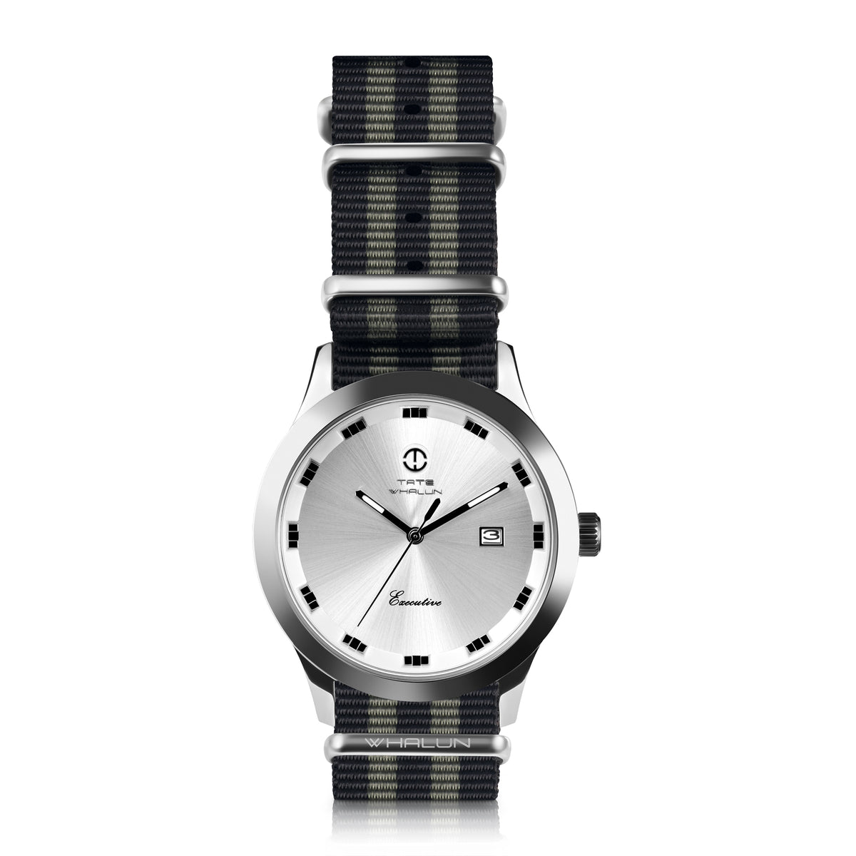 5 Stripe Black And Grey Nato Strap With Silver Buckle - Tate Whalun