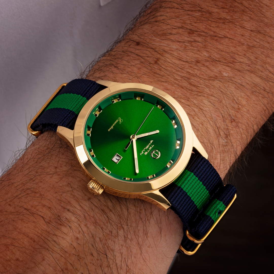 3 Stripe Navy Blue And Green Nato Strap With Gold Buckle - Tate Whalun