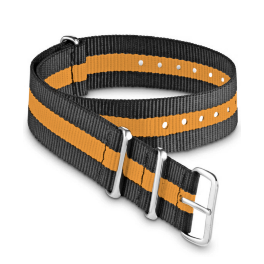 3 Stripe Grey and Orange Nato Strap with Silver Buckle - Tate Whalun