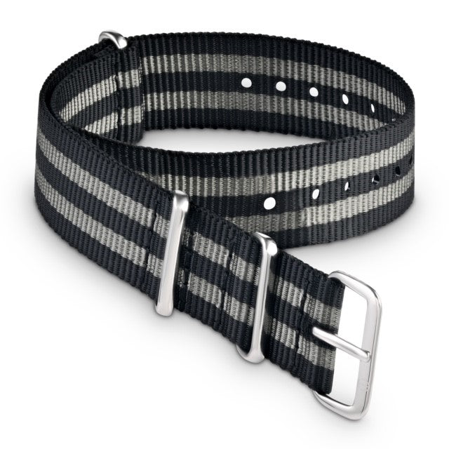 5 Stripe Black And Grey Nato Strap With Silver Buckle - Tate Whalun